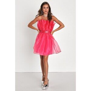 Lulus Extravagant Presence Hot Pink Sequin Strapless Mini Dress - Size L